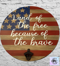 Load image into Gallery viewer, American Flag Wooden Round Door Hanger with bottle opener | Rustic Farmhouse Decor