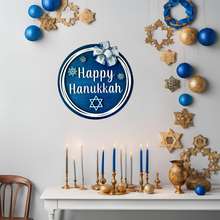 Load image into Gallery viewer, Hanukkah Wood Round Door Hanger with Bow