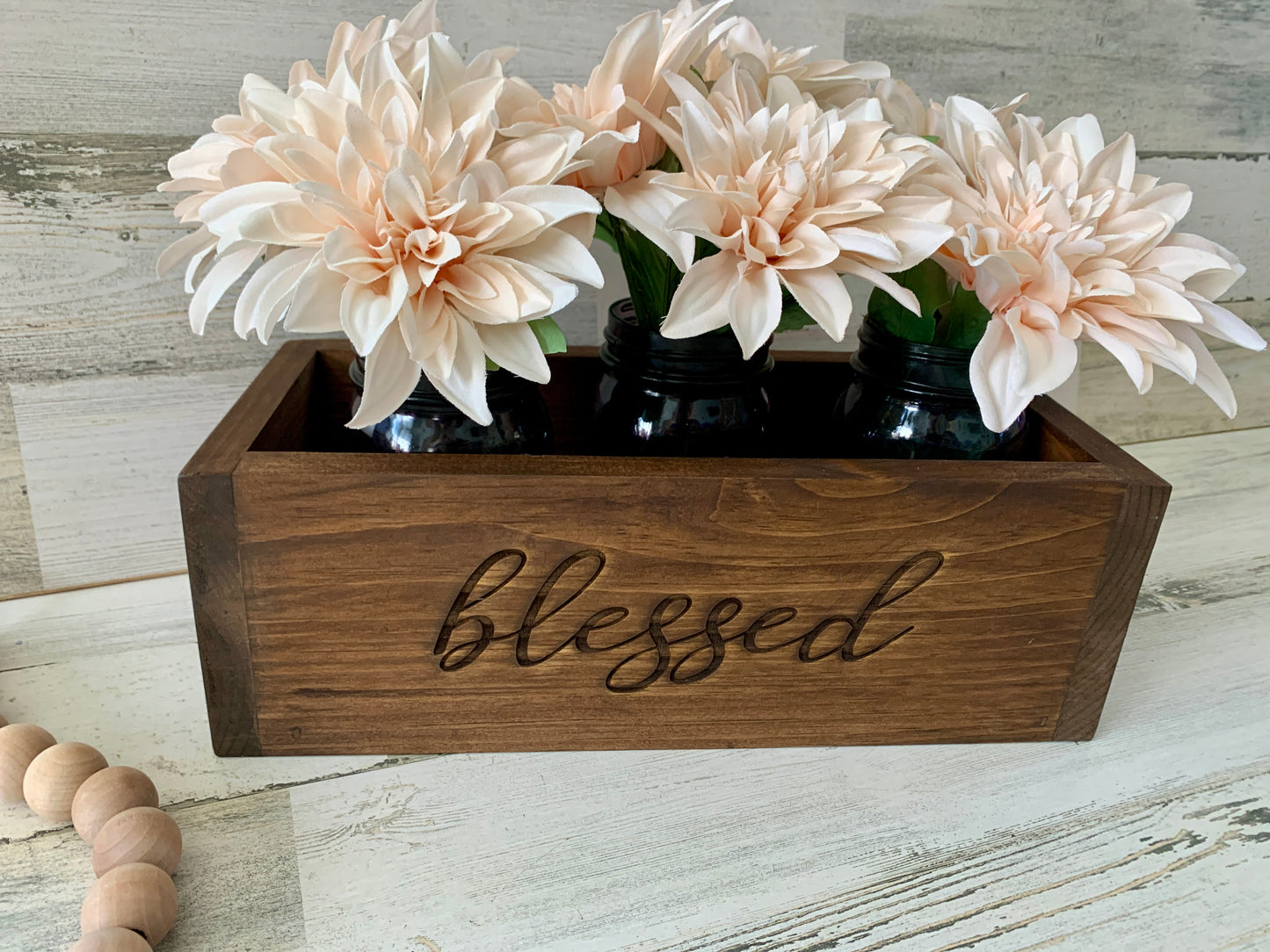 Wood mason jar planter box centerpiece | rustic farmhouse decor