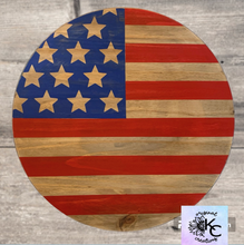 Load image into Gallery viewer, American Flag Wooden Round Door Hanger with bottle opener | Rustic Farmhouse Decor
