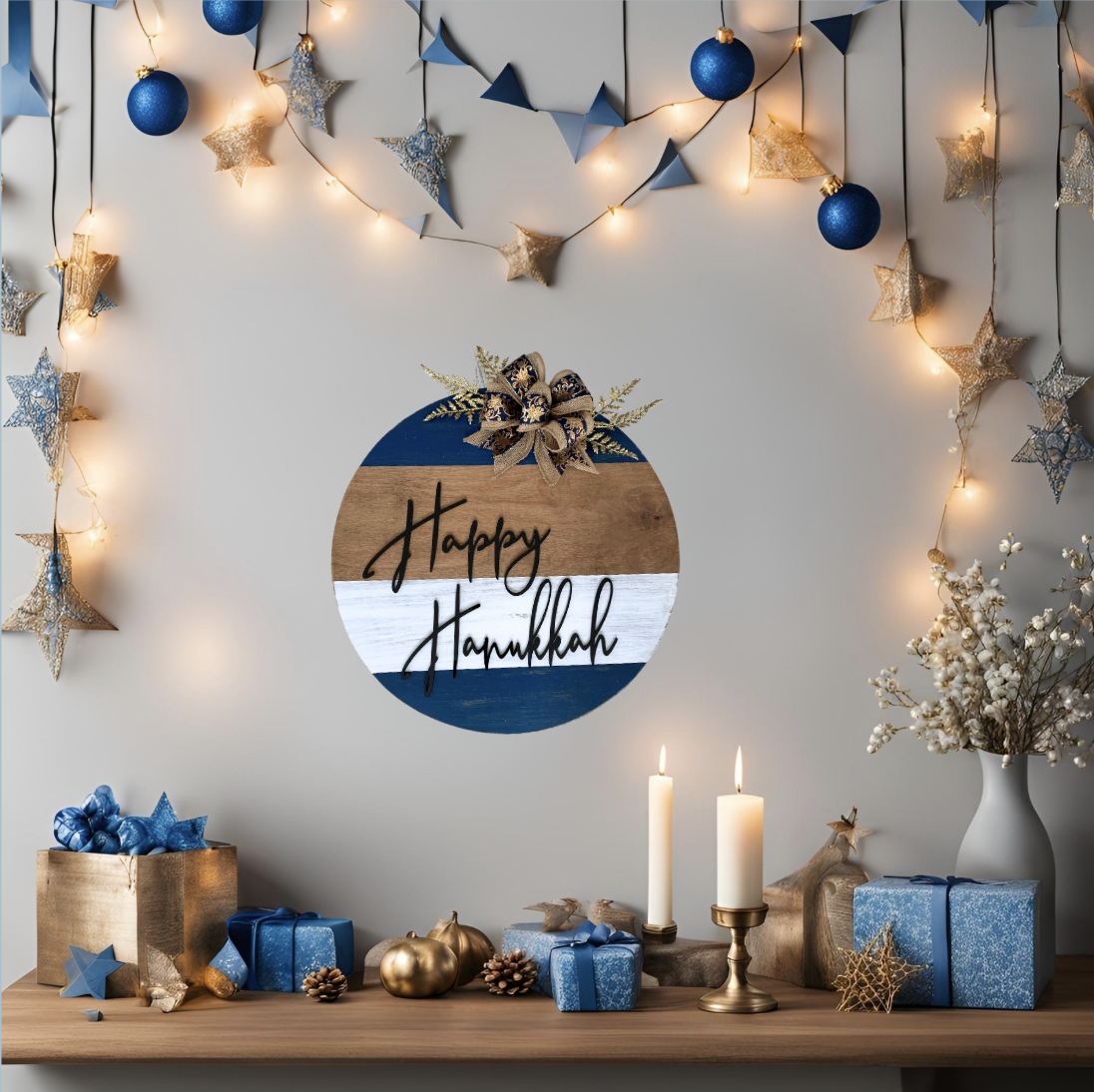 Hanukkah wood round door hanger