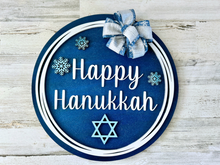 Load image into Gallery viewer, Hanukkah Wood Round Door Hanger with Bow
