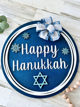 Load image into Gallery viewer, Hanukkah Wood Round Door Hanger with Bow
