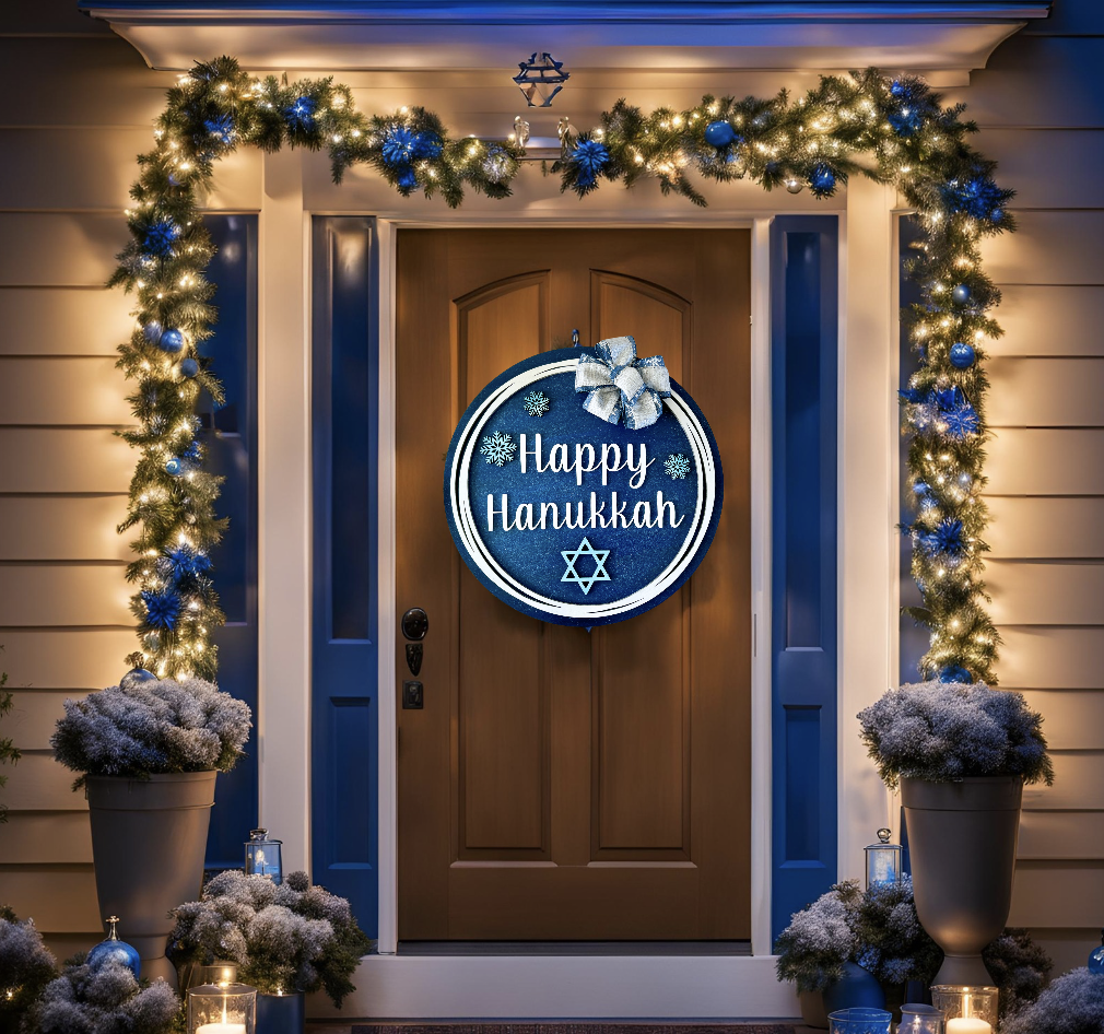 Hanukkah Wood Round Door Hanger with Bow