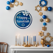 Load image into Gallery viewer, Hanukkah Wood Round Door Hanger with Bow
