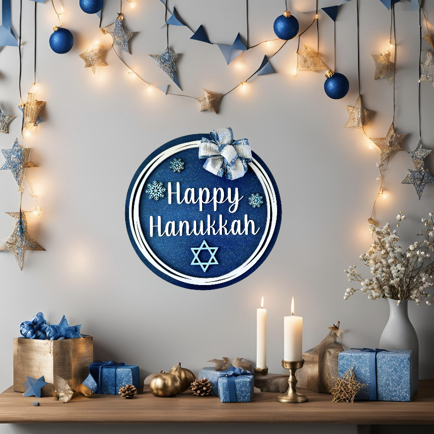 Hanukkah Wood Round Door Hanger with Bow