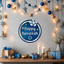 Load image into Gallery viewer, Hanukkah Wood Round Door Hanger with Bow
