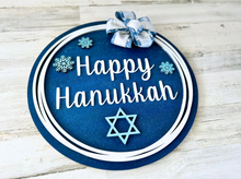 Load image into Gallery viewer, Hanukkah Wood Round Door Hanger with Bow
