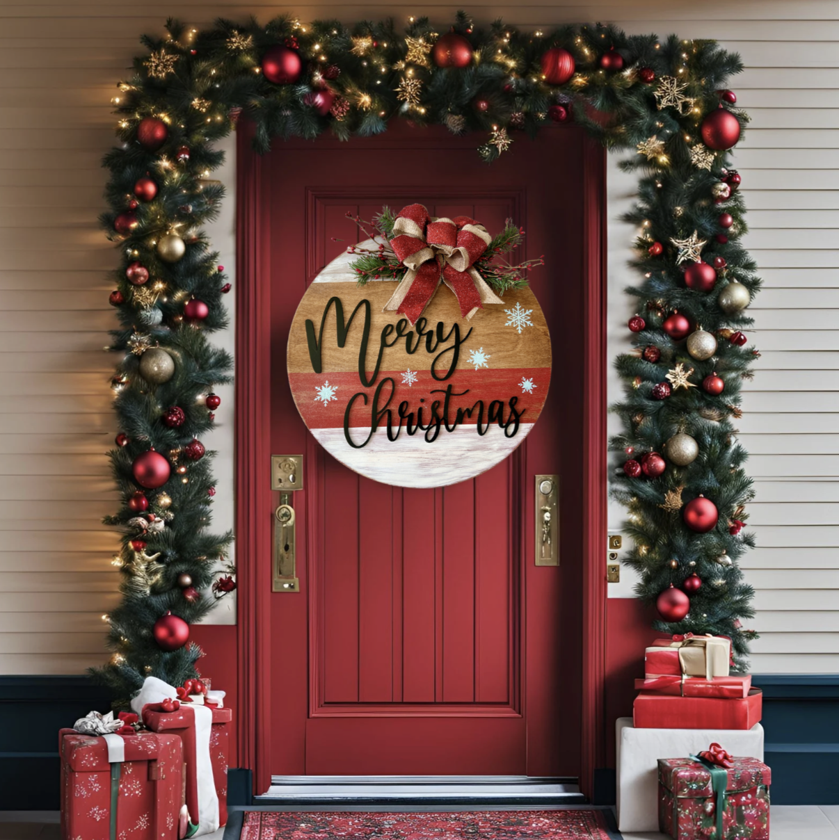Merry Christmas wood round door hanger