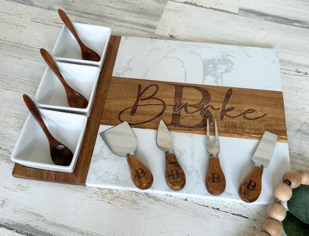 Personalized Wood and Marble Charcuterie Set