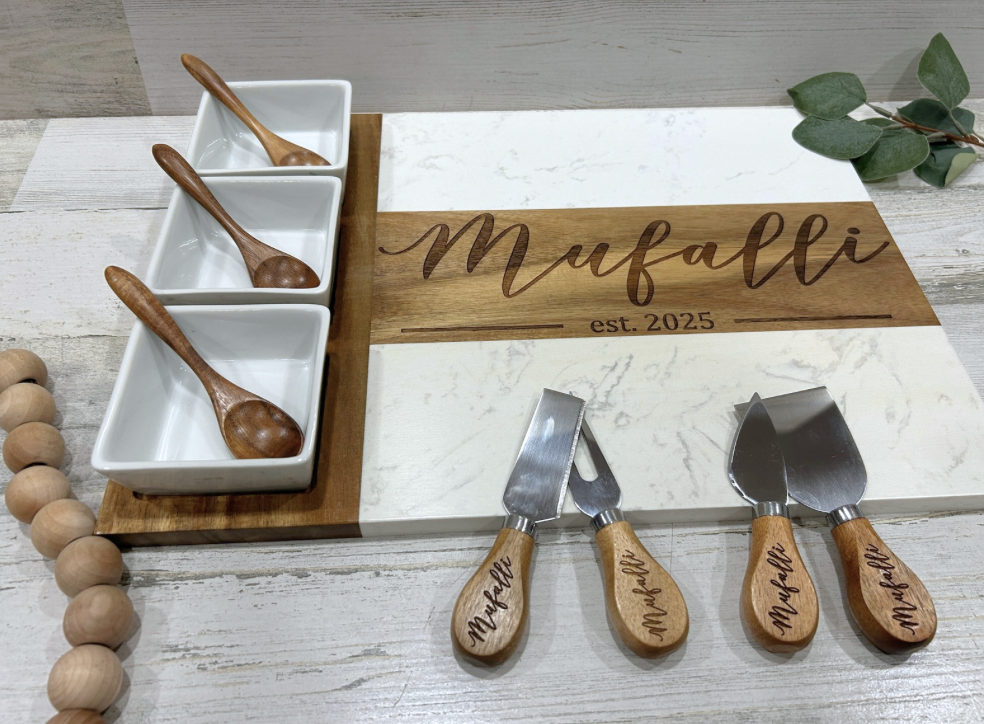Personalized Wood and Marble Charcuterie Set