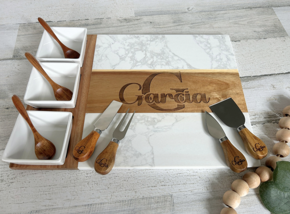 Personalized Wood and Marble Charcuterie Set