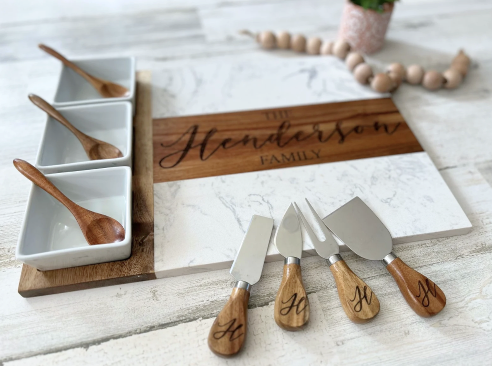Personalized Wood and Marble Charcuterie Set