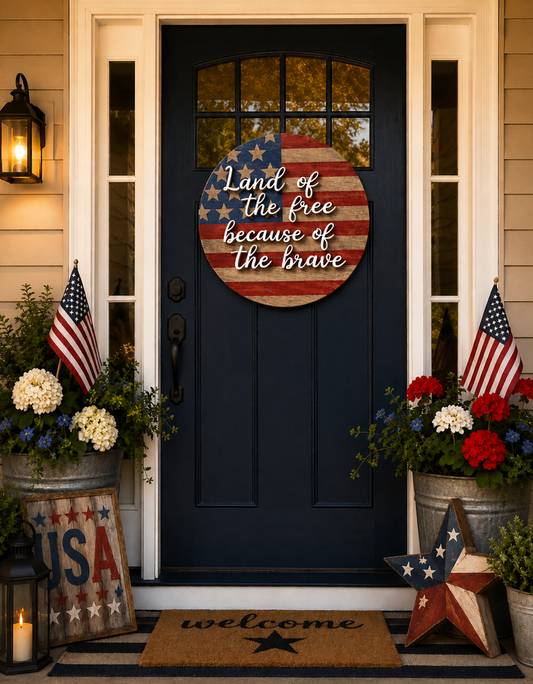 American Flag Wooden Round Door Hanger | Rustic Farmhouse Decor