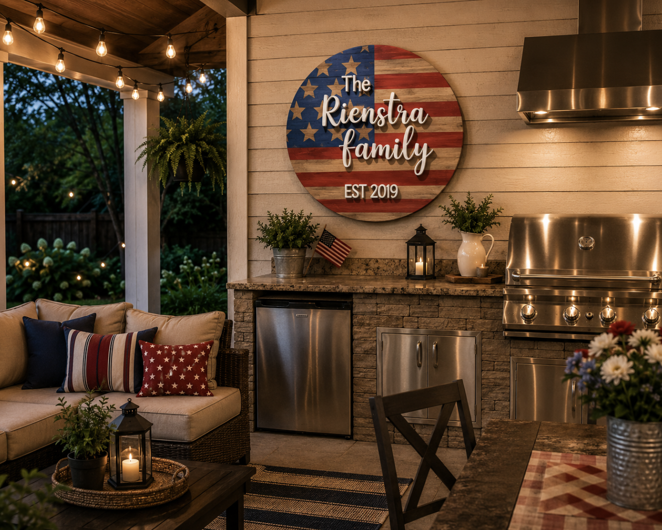 American Flag Wooden Round Door Hanger | Rustic Farmhouse Decor