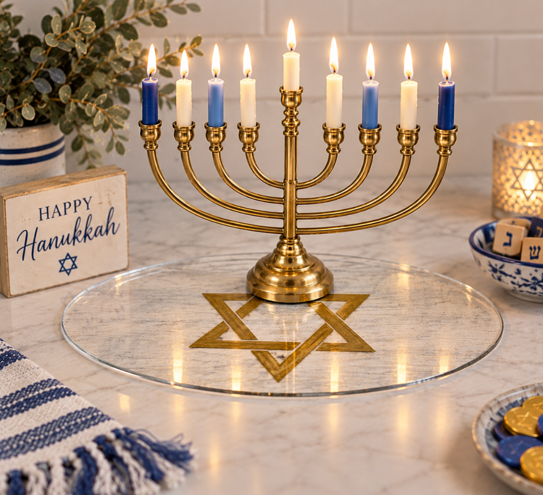 Personalized Hanukkah Menorah Drip Tray | Acrylic Candle Wax Tray | Hanukkah Blessings or Star of David
