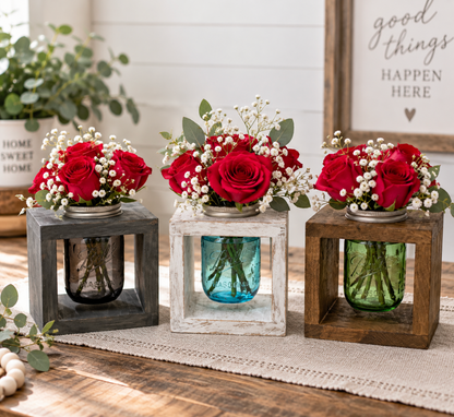 Rustic Mason Jar Vase Centerpiece | Farmhouse Wood Flower Holder