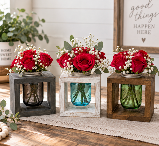 Rustic Mason Jar Vase Centerpiece | Farmhouse Wood Flower Holder