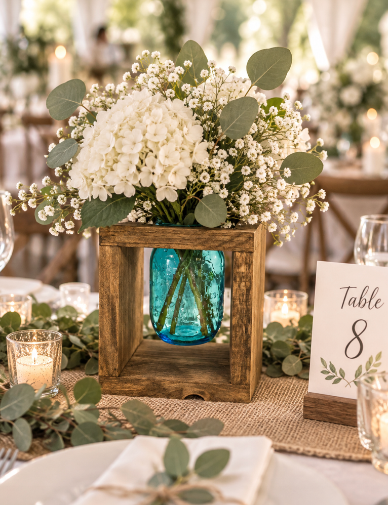 Rustic Mason Jar Vase Centerpiece | Farmhouse Wood Flower Holder