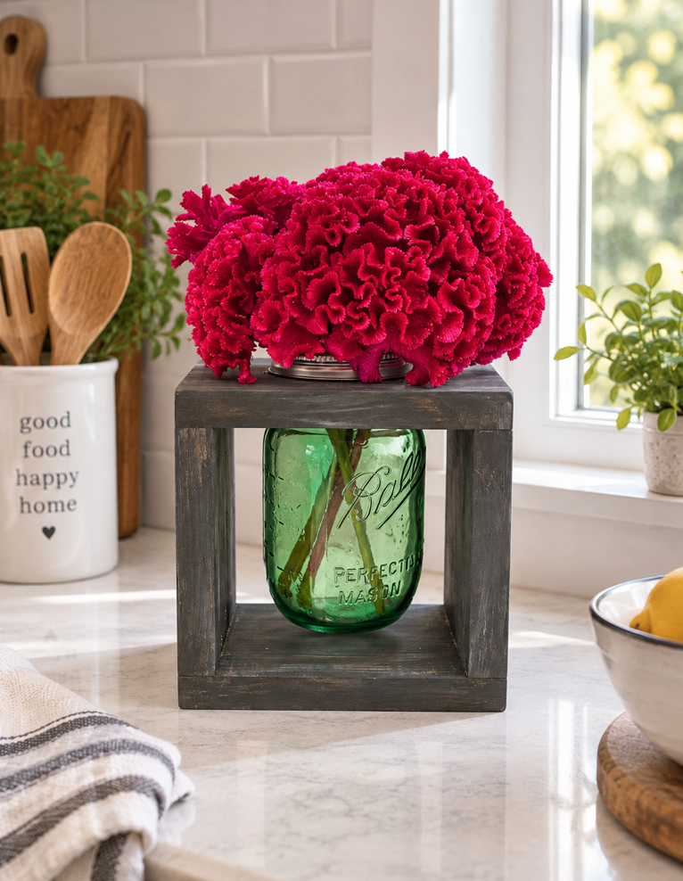 Rustic Mason Jar Vase Centerpiece | Farmhouse Wood Flower Holder