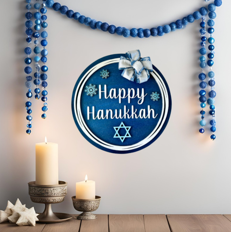 Hanukkah Wood Round Door Hanger with Bow