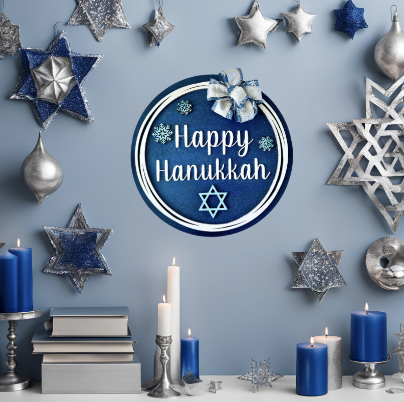 Hanukkah Wood Round Door Hanger with Bow