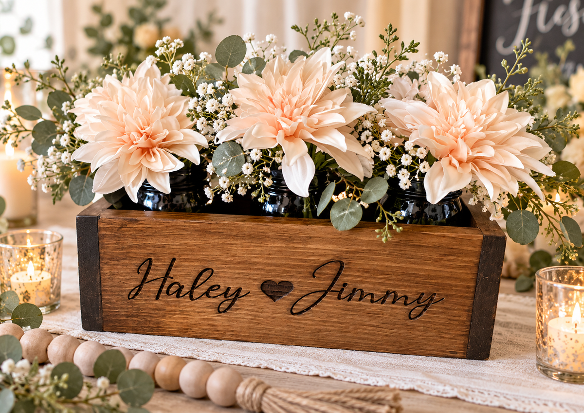 Personalized Rustic Wooden Mason Jar Centerpiece Box