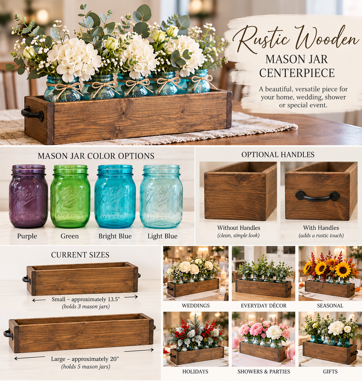 Personalized Rustic Wooden Mason Jar Centerpiece Box
