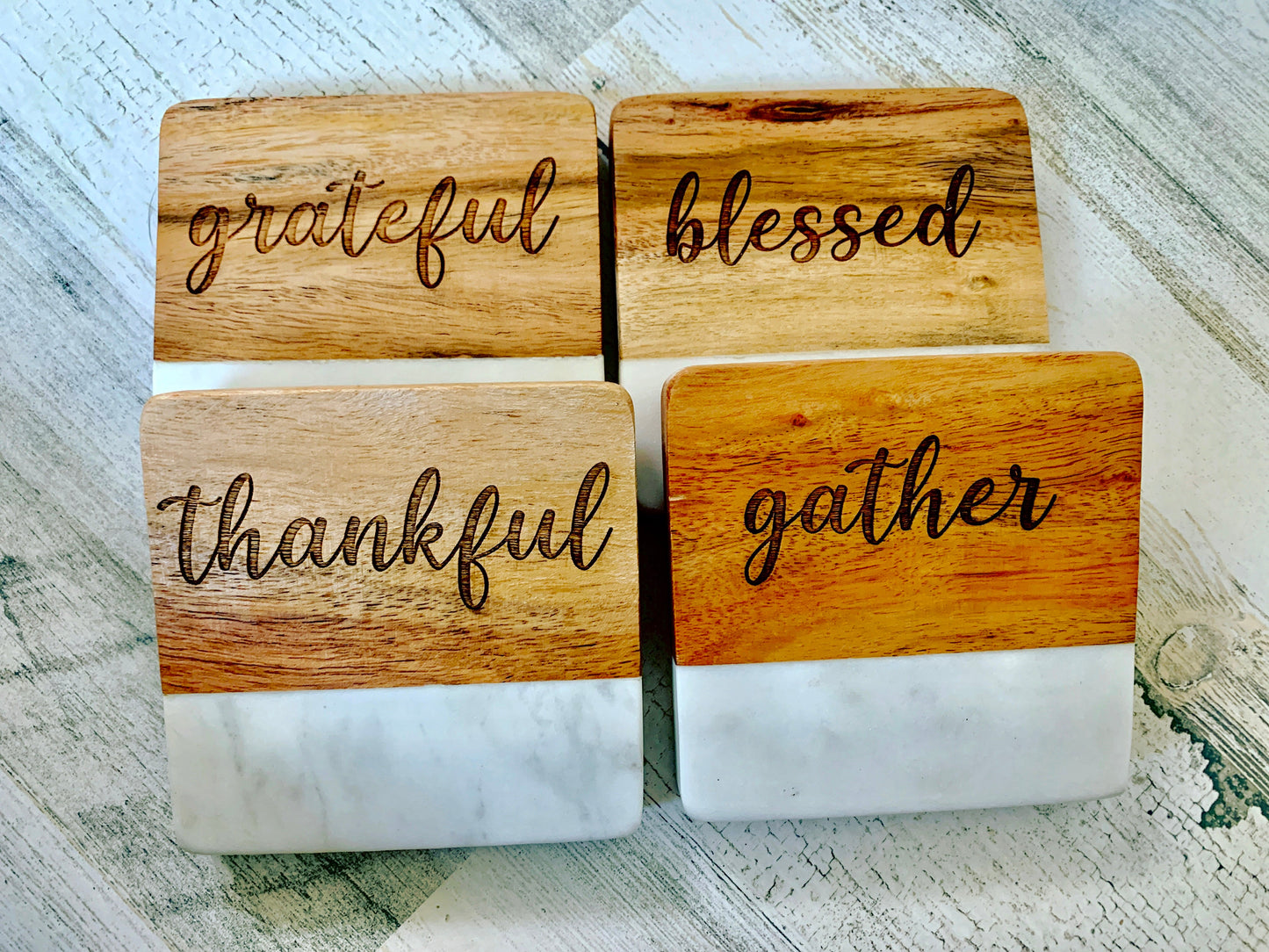 Thankful Marble and Wood Coasters