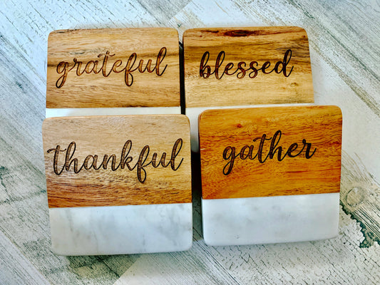 Thankful Marble and Wood Coasters