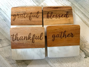Thankful Marble and Wood Coasters