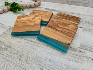 Olive Wood and Blue Resin Coasters