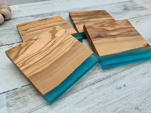 Olive Wood and Blue Resin Coasters