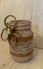 Load image into Gallery viewer, pink mason jar with burlap and lace and twine flower with beads

