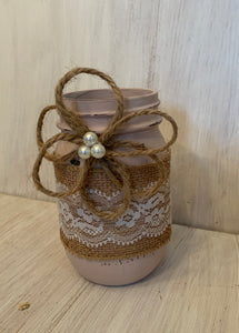 mason jar with burlap and lace and twine flower