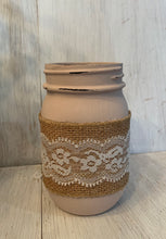 Load image into Gallery viewer, pink mason jar with burlap and lace
