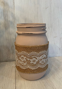pink mason jar with burlap and lace