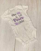 Load image into Gallery viewer, baby onesie that say new to the &quot;customized with last name&quot; crew
