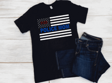 Load image into Gallery viewer, American flag with badge number in red in the stars. Thin blue line with the wording &quot;police Mom&quot;

