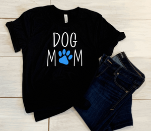 The word dog followed by the word Mom below it with a paw print for the "O"