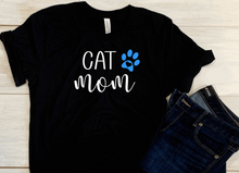 Load image into Gallery viewer, The word cat and the word mom below it in cursive. Paw print next to the word cat with a heart in the center
