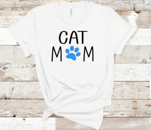The word cat and the word mom below it with a paw print for the O